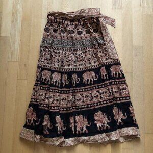 Vintage Indian Batik Bohemian Maxi Wrap Skirt 100% Cotton Elephants Sz XS Sm